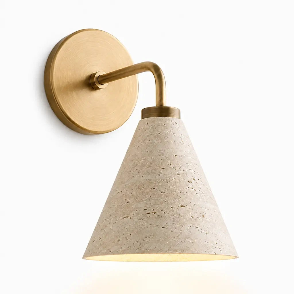 Zorya industrial brass cone shade wall sconce, Travertine, switched-on studio view