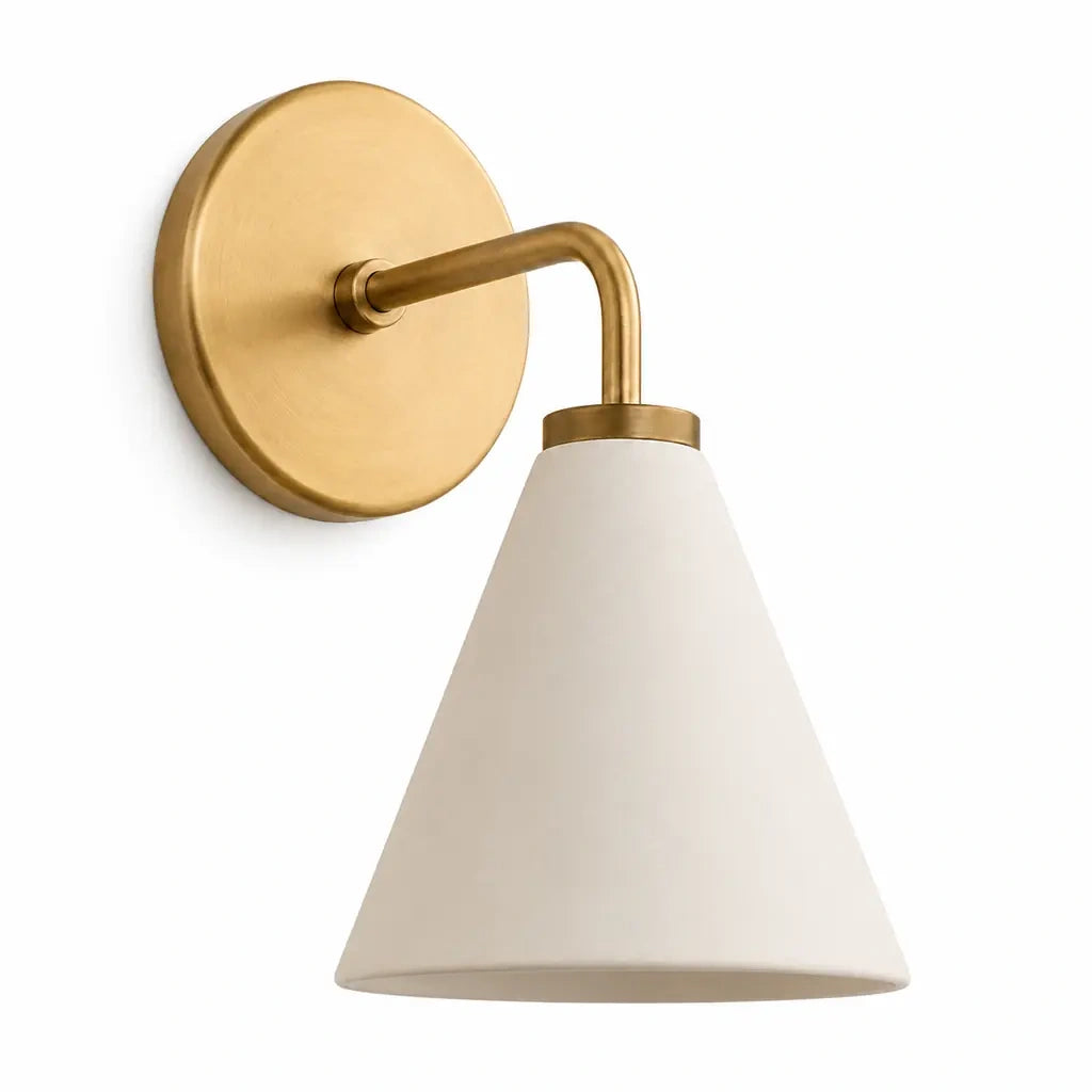 Zorya industrial brass cone shade wall sconce, Porcelain, switched-off white-background view