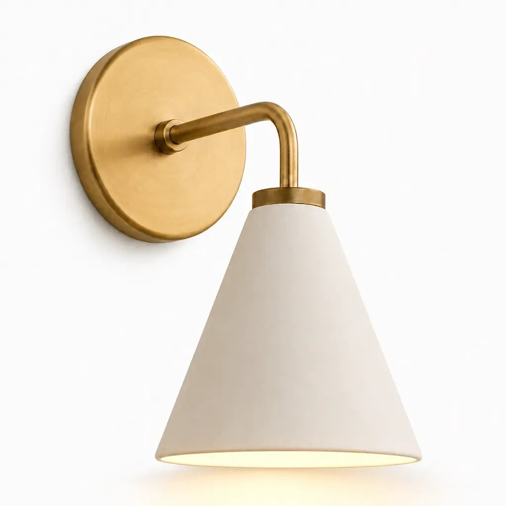 Zorya industrial brass cone shade wall sconce, Porcelain, switched-on studio view
