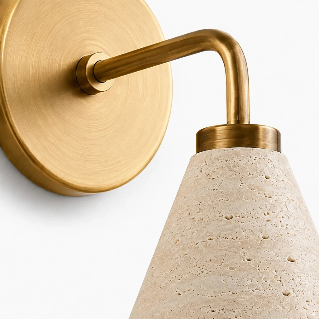 Zorya industrial brass cone shade wall sconce, Travertine, material and construction detail