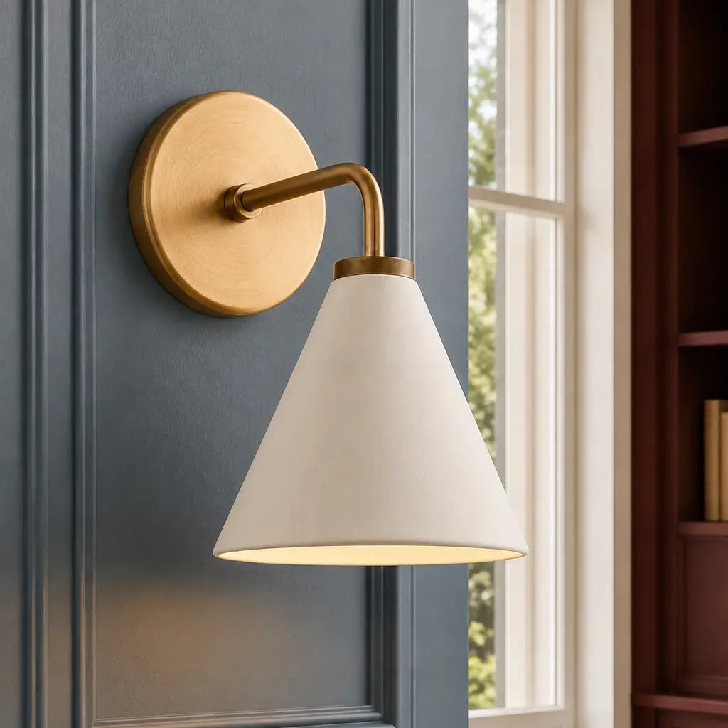 Zorya industrial brass cone shade wall sconce, Porcelain, installed SKU view