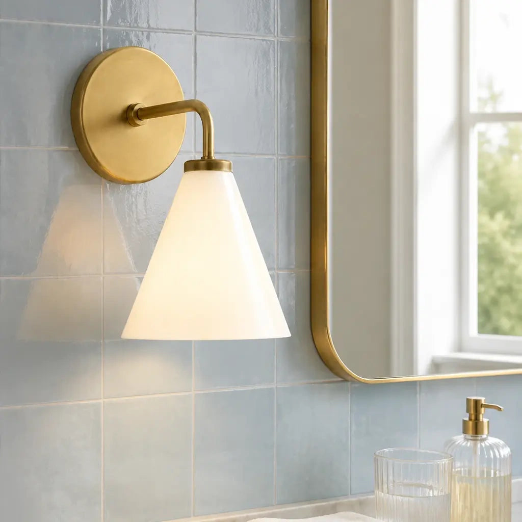 Zorya industrial brass cone shade wall sconce, Milk Glass, installed close view