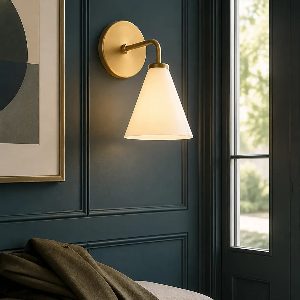 Zorya industrial brass cone shade wall sconce, Milk Glass, installed close view