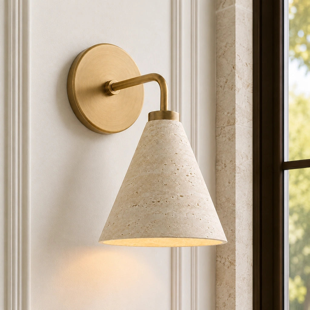 Zorya industrial brass cone shade wall sconce, Travertine, installed close view