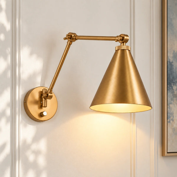 Zorya Industrial Metal Swing Arm Wall Sconce, brass-finish adjustable swing arm and tapered metal shade