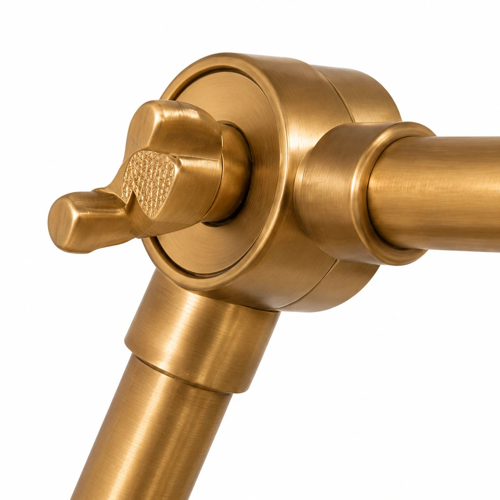 Zorya Industrial Metal Swing Arm Wall Sconce, articulated arm joint and locking knob close-up