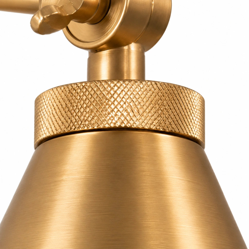 Zorya Industrial Metal Swing Arm Wall Sconce, knurled shade collar and metal finish close-up