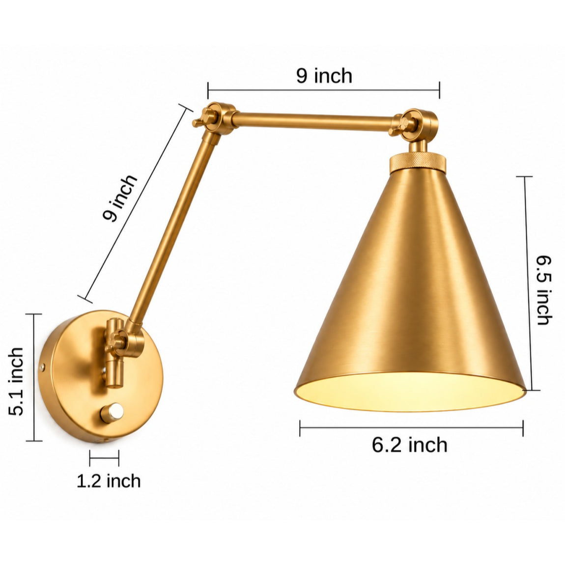 Zorya Industrial Metal Swing Arm Wall Sconce, dimensions of shade, two arm sections and backplate