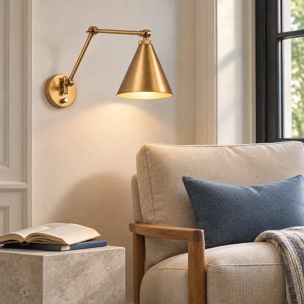 Zorya Industrial Metal Swing Arm Wall Sconce, installed beside a reading chair