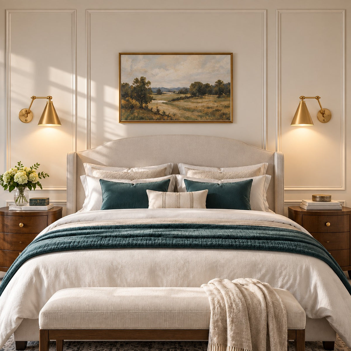 Zorya Industrial Metal Swing Arm Wall Sconce, a pair of sconces beside a bedroom headboard