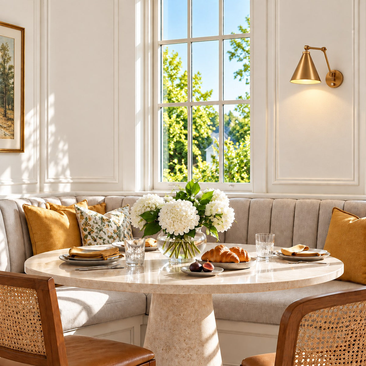 Zorya Industrial Metal Swing Arm Wall Sconce, installed in a bright breakfast nook