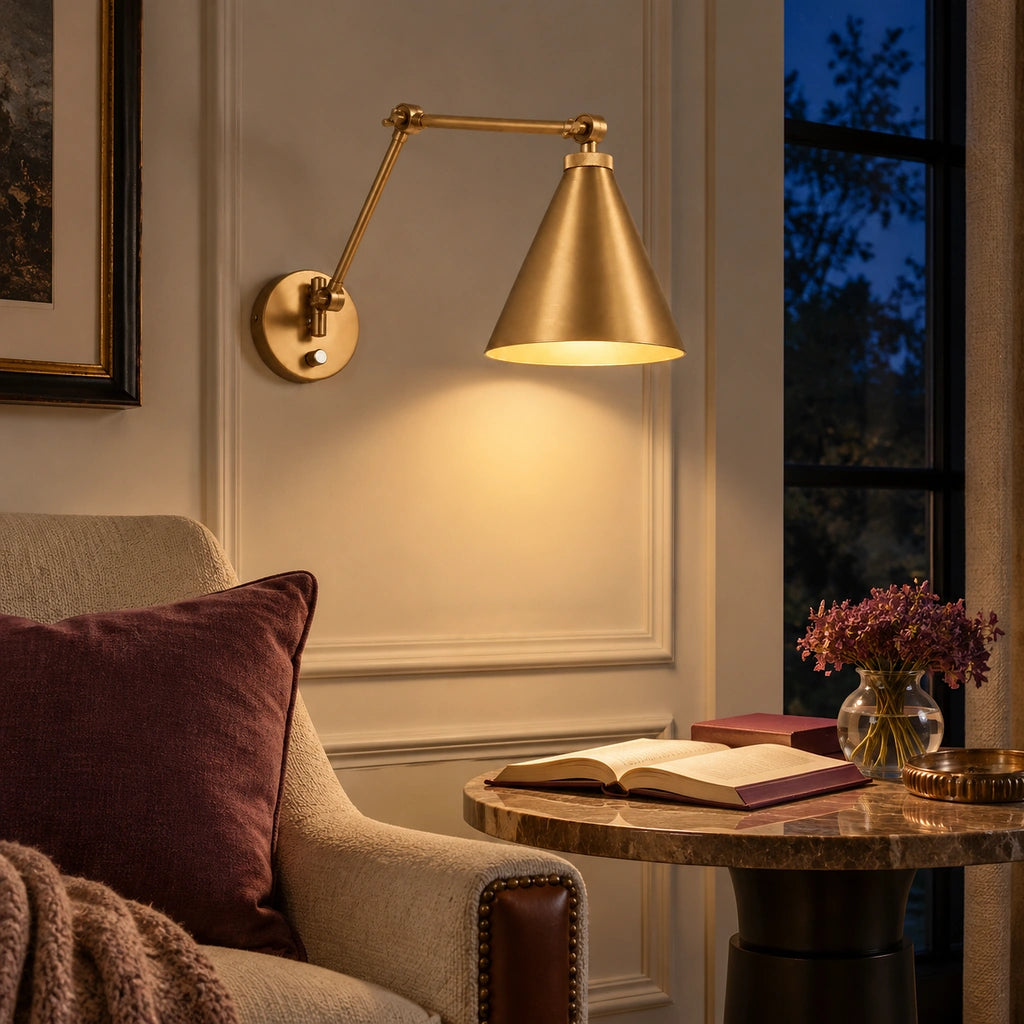 Zorya Industrial Metal Swing Arm Wall Sconce, warm directional lighting in an evening reading corner