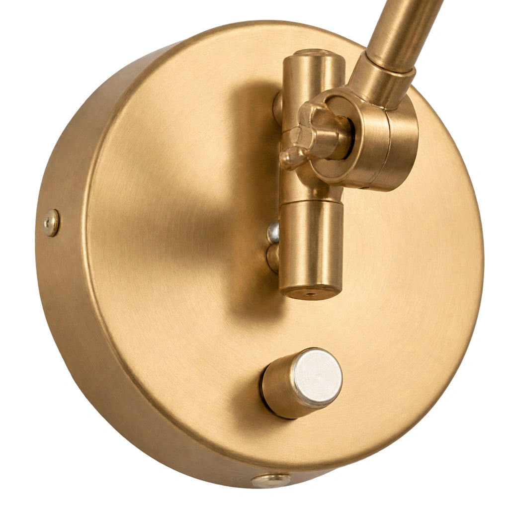 Zorya Industrial Metal Swing Arm Wall Sconce, round backplate and adjustment hardware close-up