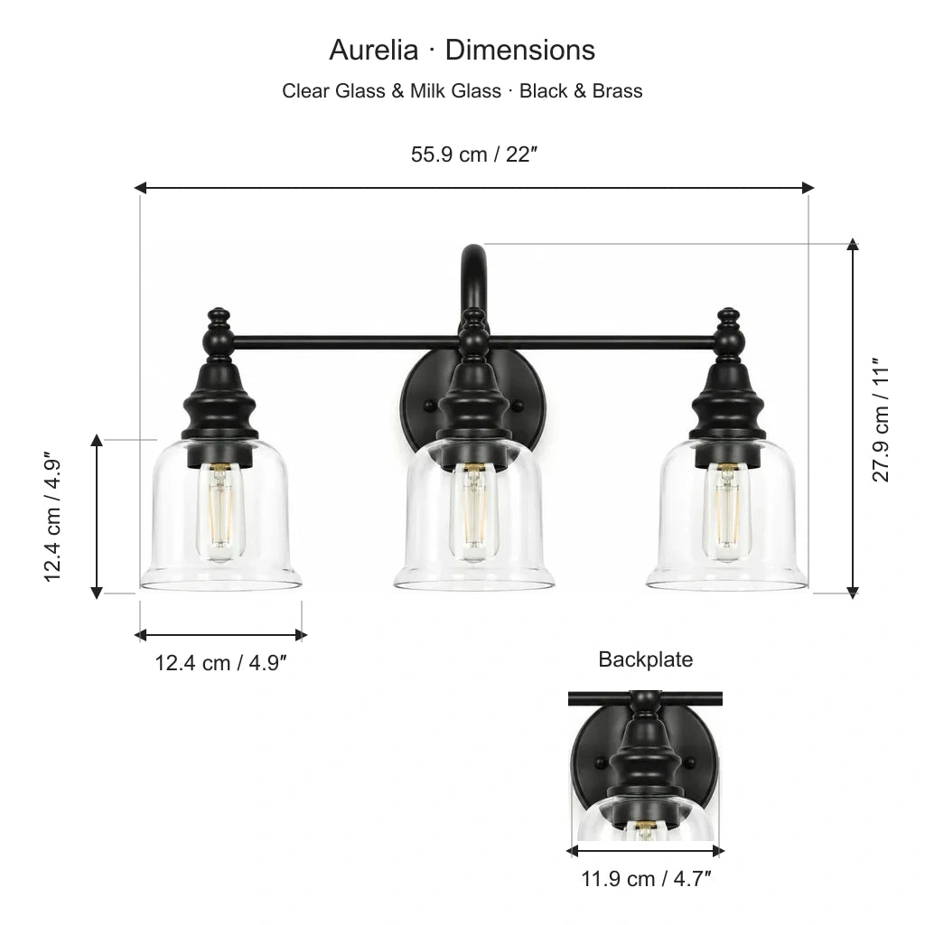 Aurelia 3-Light Glass Vanity Light dimensions - 22 inch width, 11 inch height