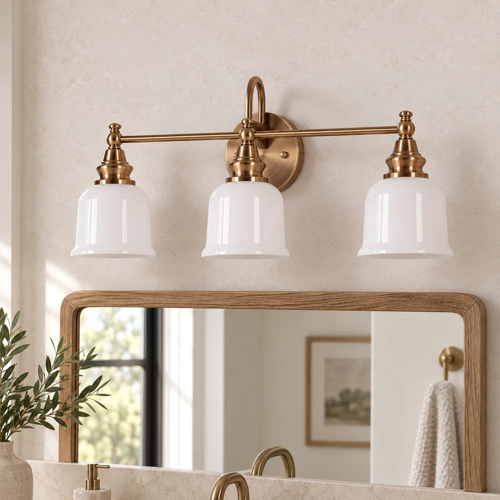 Aurelia 3-Light Glass Vanity Light - Milk Glass brass close