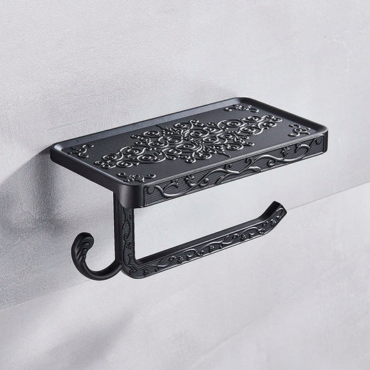 Black Toilet Paper Holder with Phone Rack: Wall-Mounted Aluminum Bathroom Storage