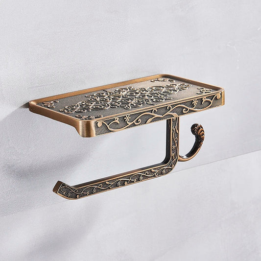 Black Toilet Paper Holder with Phone Rack: Wall-Mounted Aluminum Bathroom Storage