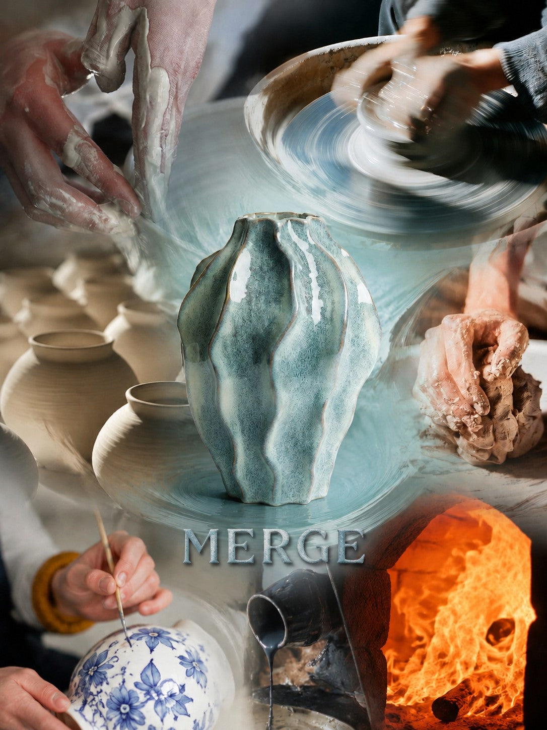 Ceramic material study showing wheel throwing, glazing and hand-finished forms