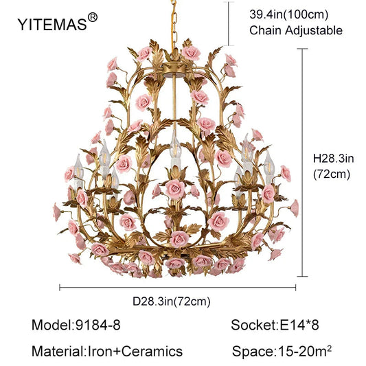 Pink Ceramic Flower Chandelier: Luxury Gold Princess Chandelier for Girls' Room