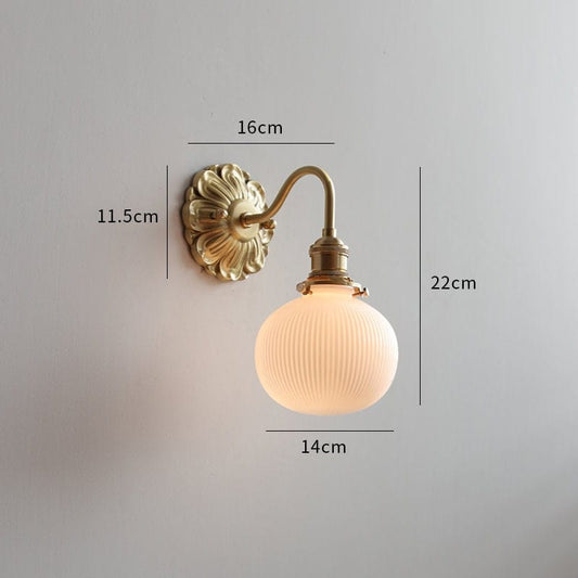 Ribbed Ceramic Ball Shaped Wall Light with Brushed Brass Carved Flower Lamp Fixture