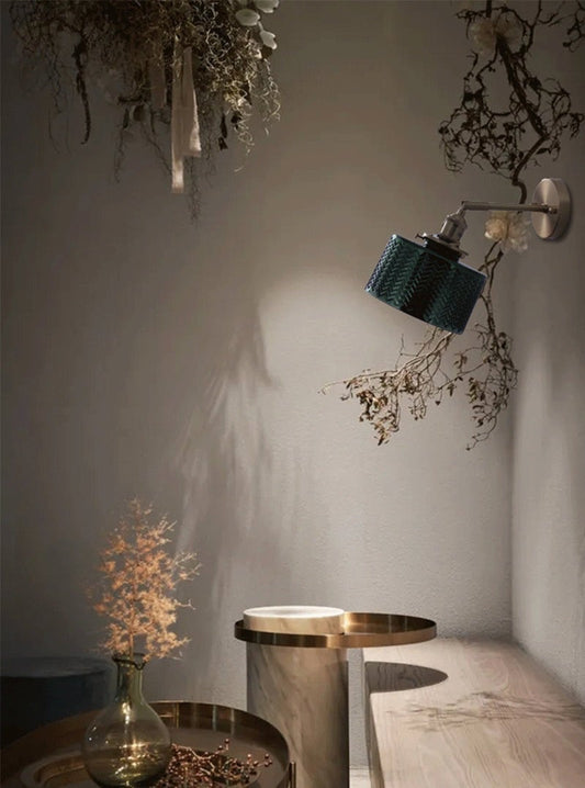 Shiny Green Glass Cylinder LED Wall Light in Art Deco Style