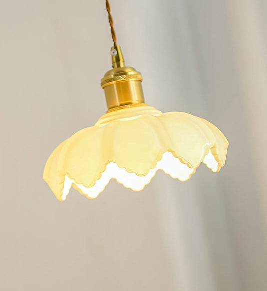 White Opaline Glass Lotus Flower Pendant LED Light with Brushed Brass Lamp Holder in Vintage Style