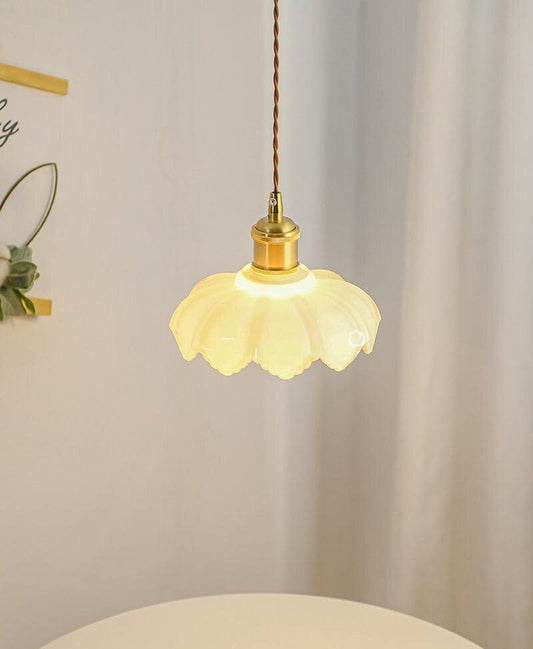 White Opaline Glass Lotus Flower Pendant LED Light with Brushed Brass Lamp Holder in Vintage Style