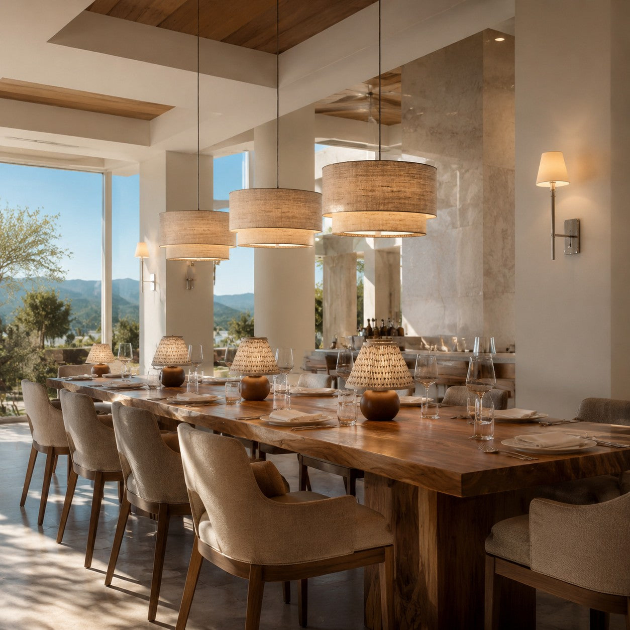 Contemporary dining room with layered fabric pendant lighting