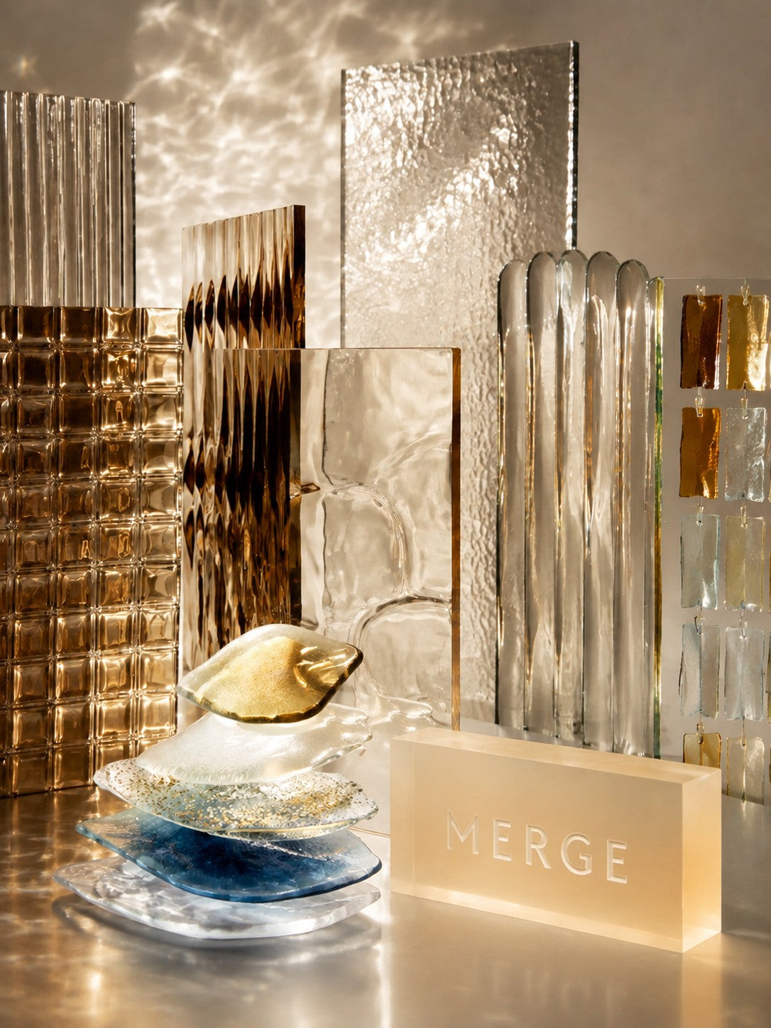 Glass material study showing ribbed, hammered, clear and coloured glass surfaces