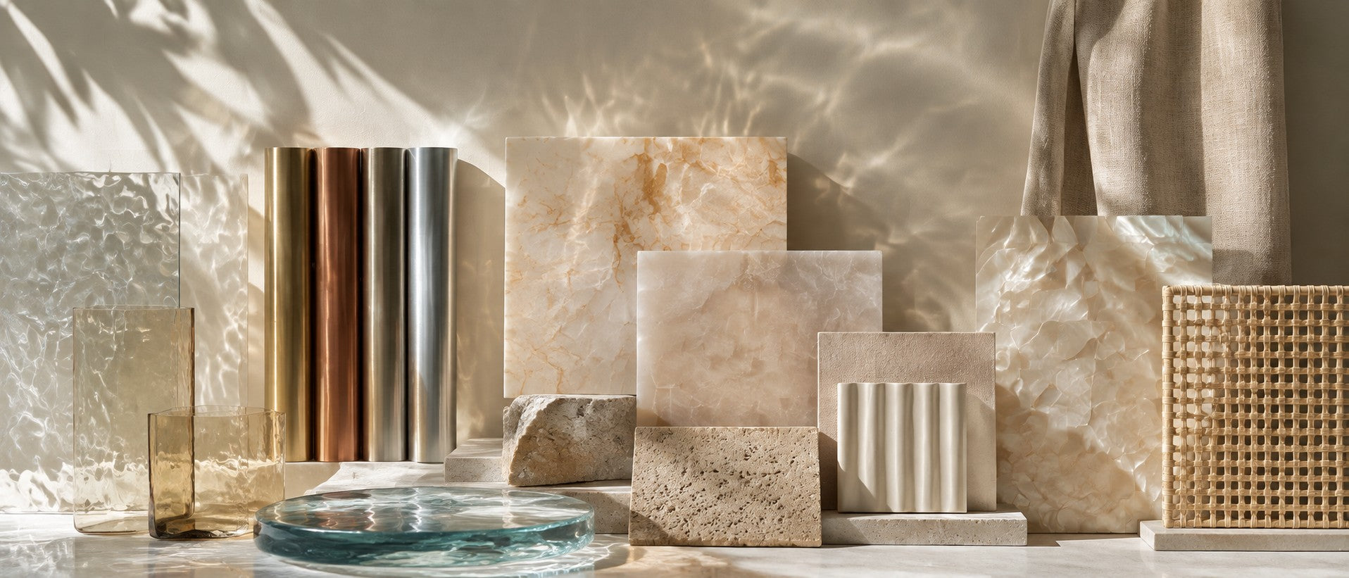 Glass, stone, metal, fabric, shell and rattan material samples
