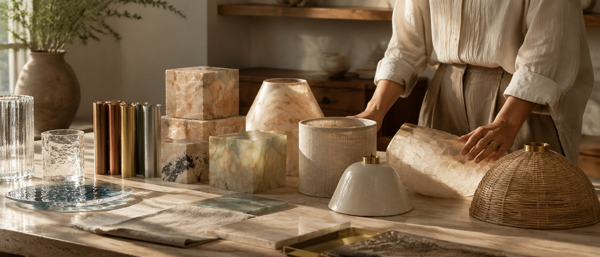 Material samples of glass, stone, metal, fabric, shell and rattan arranged in a warm studio