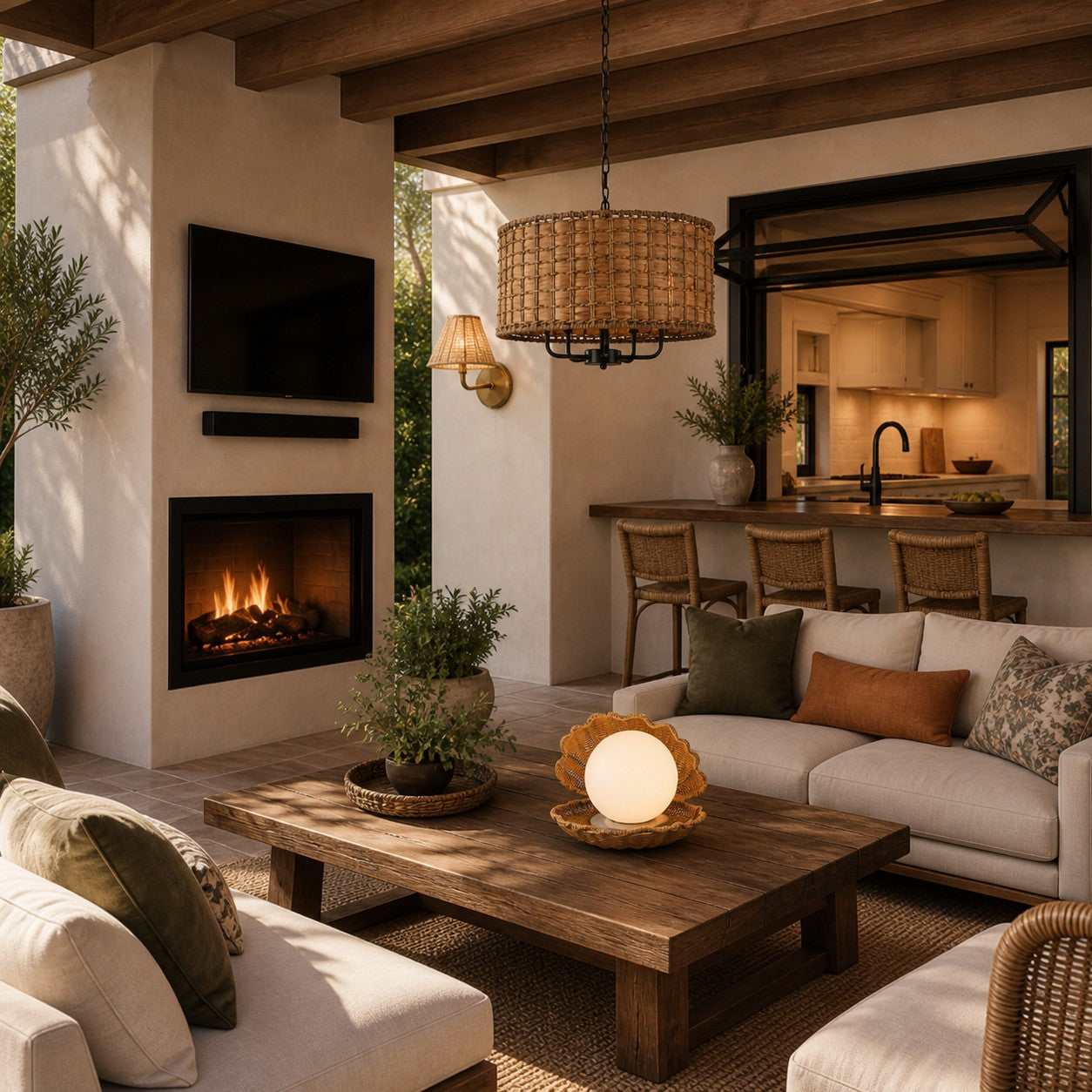 Warm modern American living room with a woven rattan pendant light