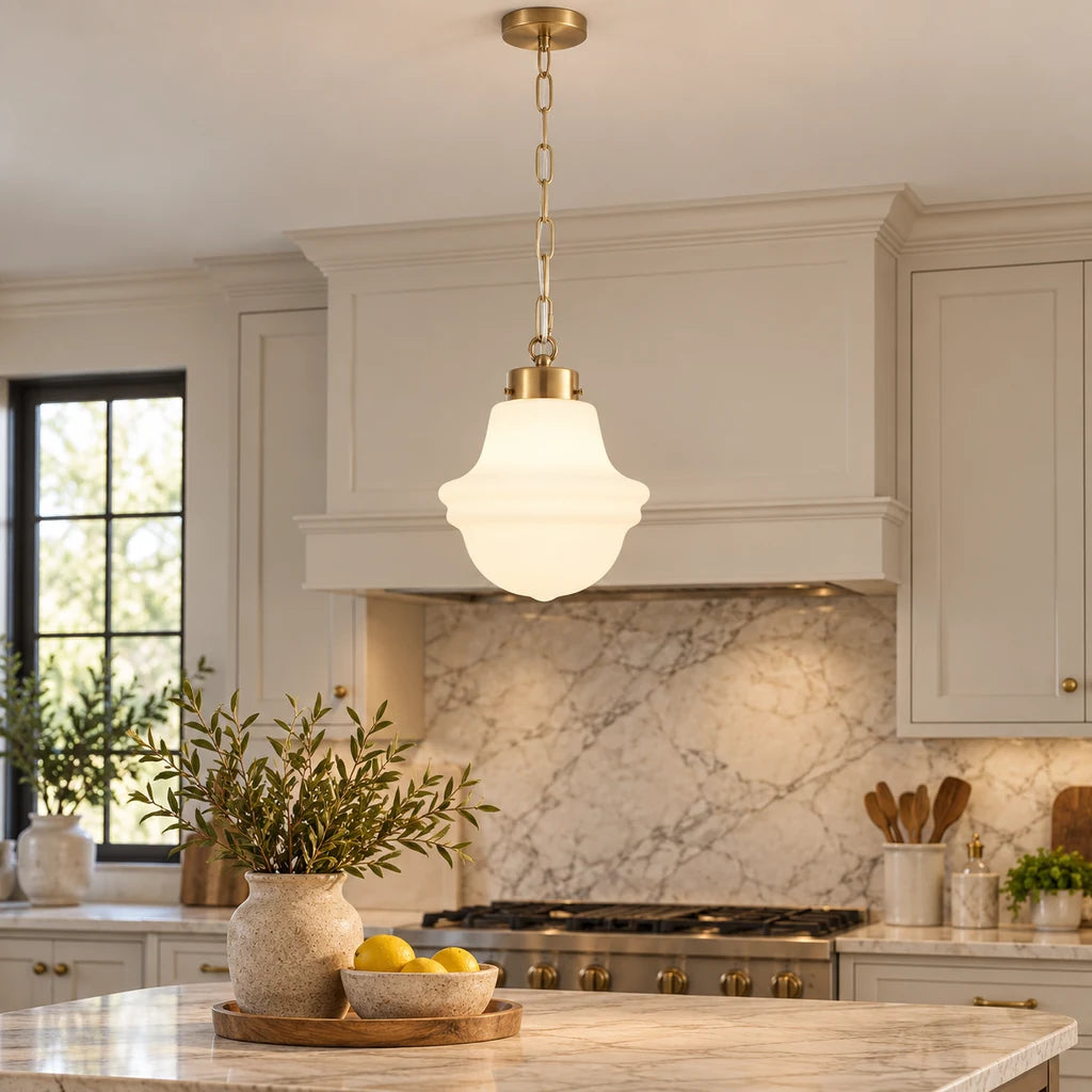 Liora pendant, Antique Brass close kitchen scene with long chain