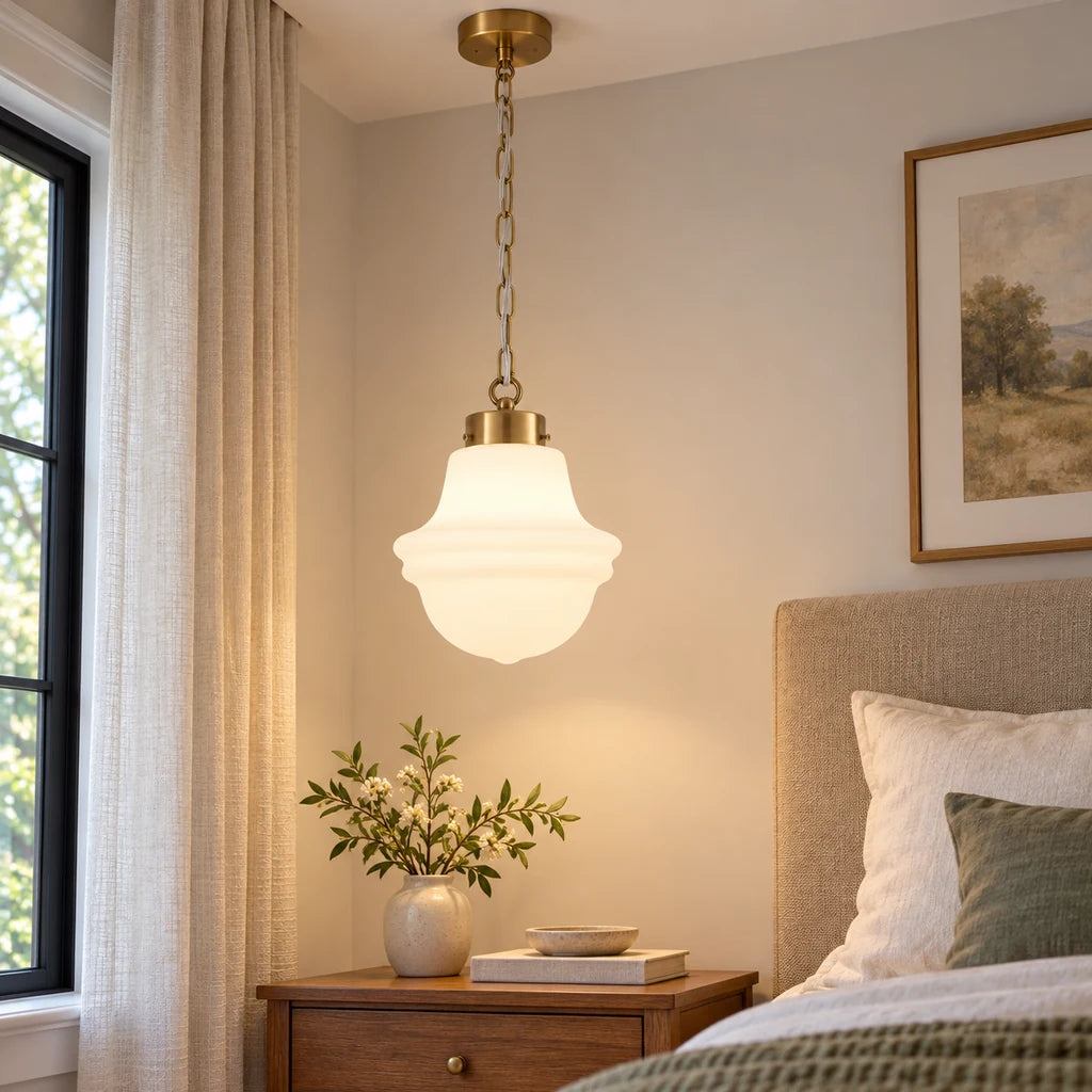 Liora pendant, Antique Brass close bedroom scene with long chain