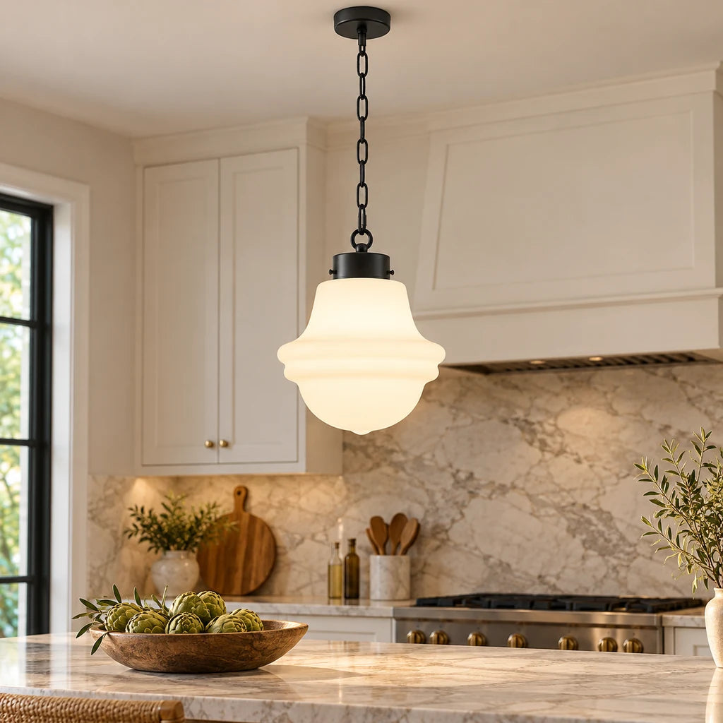 Liora pendant, Matte Black close kitchen scene with long chain