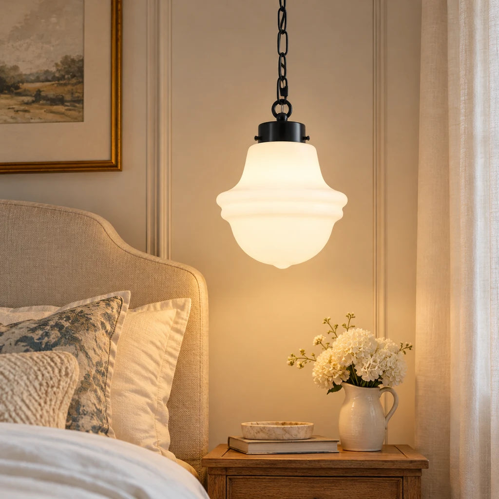Liora pendant, Matte Black close bedroom scene with long chain