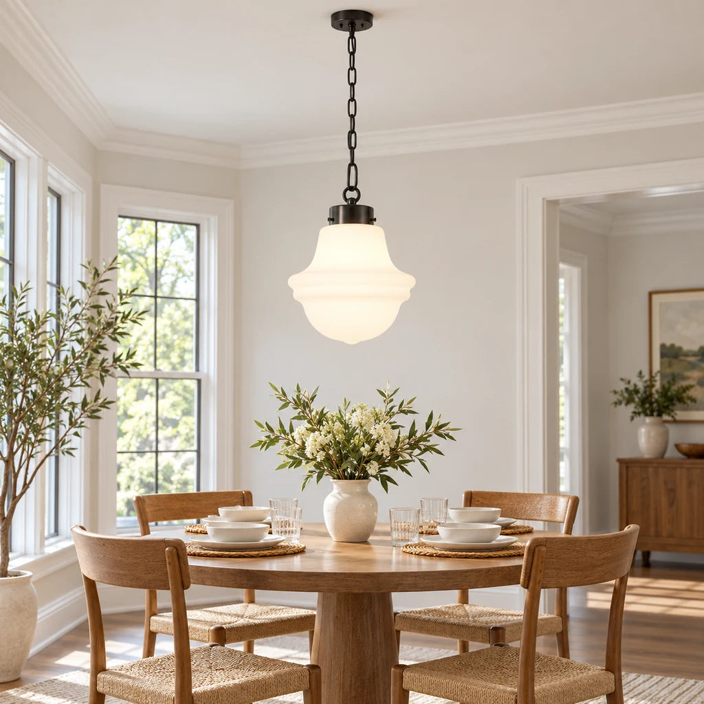 Liora pendant, Matte Black medium dining scene with long chain