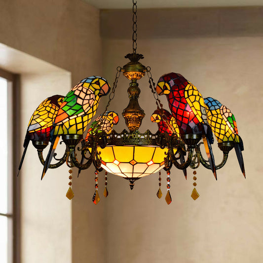 Tiffany Style Vintage Stained Glass 7-Light Parrot Chandelier