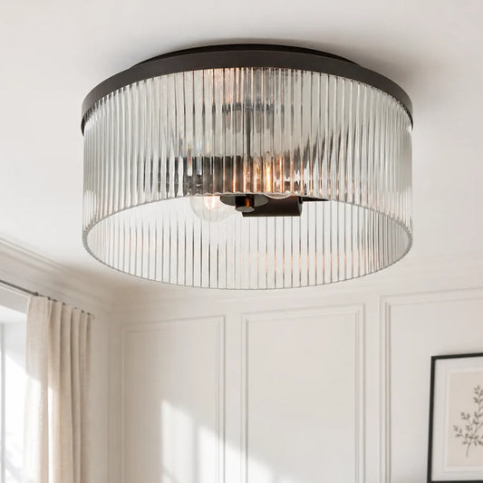 Maya Rustic Farmhouse Round Ribbed Glass Ceiling Light