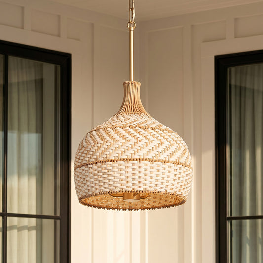 Thea Two-Tone Finish 3-Light Rattan Dome Rustic Pendant Light