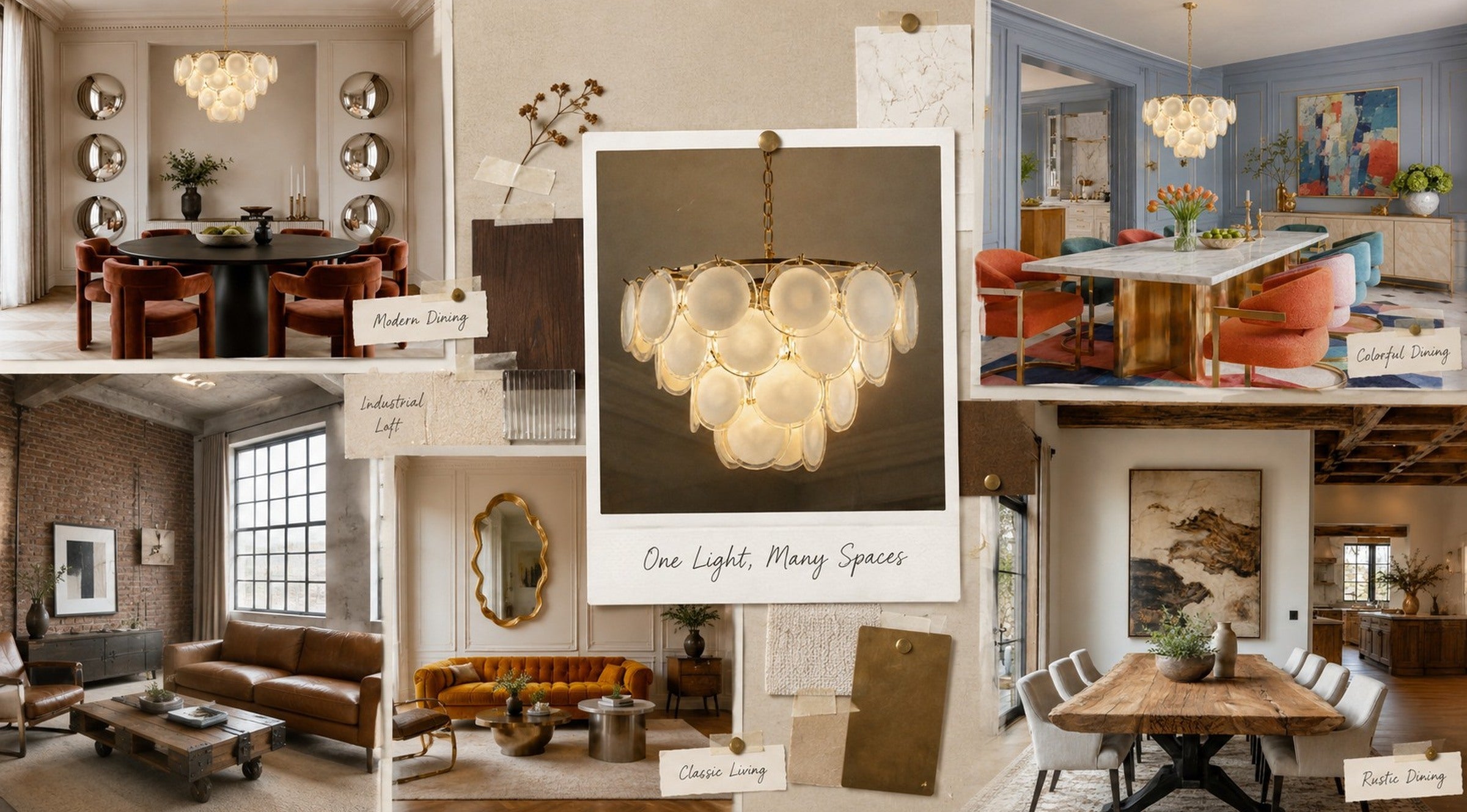One sculptural chandelier styled across modern, colourful, rustic, classic, industrial and serene interiors