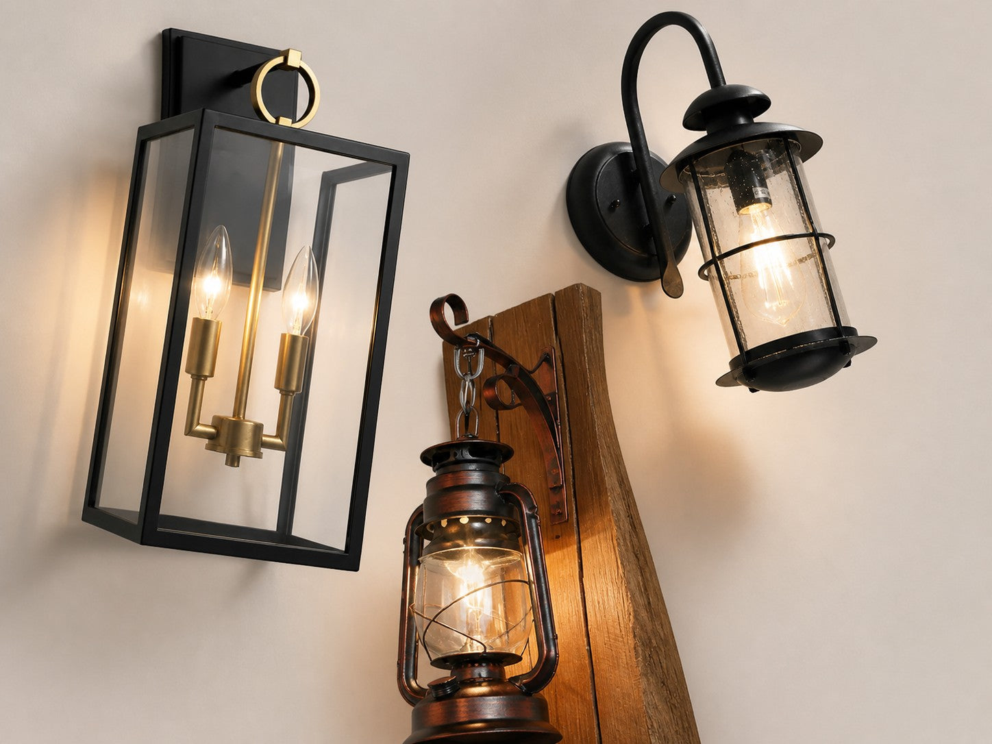 Different iron structures paired with clear and textured glass lighting