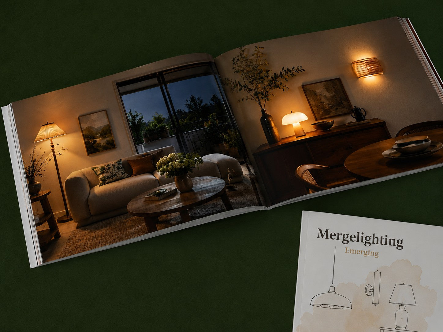 An open Merge Lighting editorial book showing a warmly lit real home
