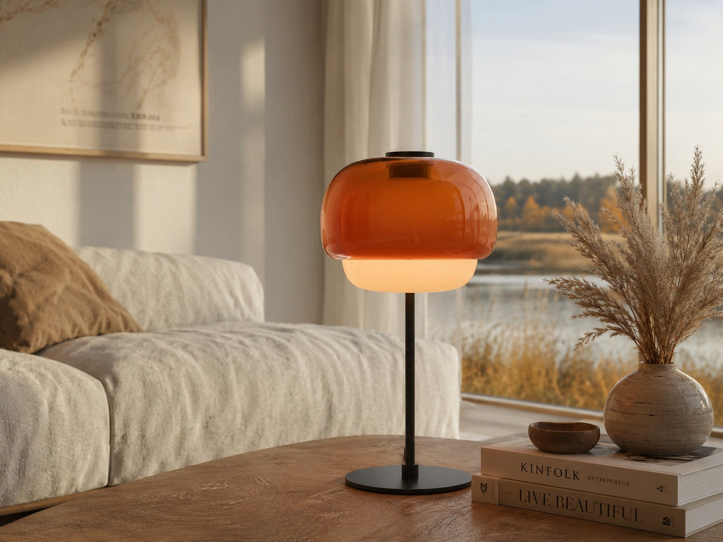 An amber glass table lamp in a warm, relaxed living room