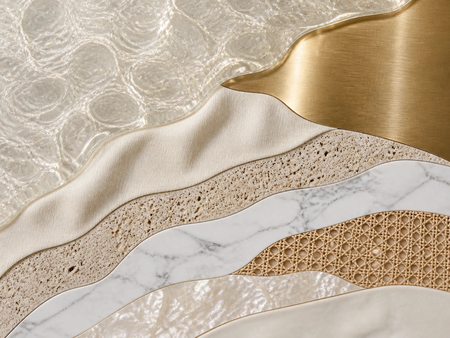 Artful composition of glass, brass, fabric, travertine, marble, woven cane, shell, and ceramic.